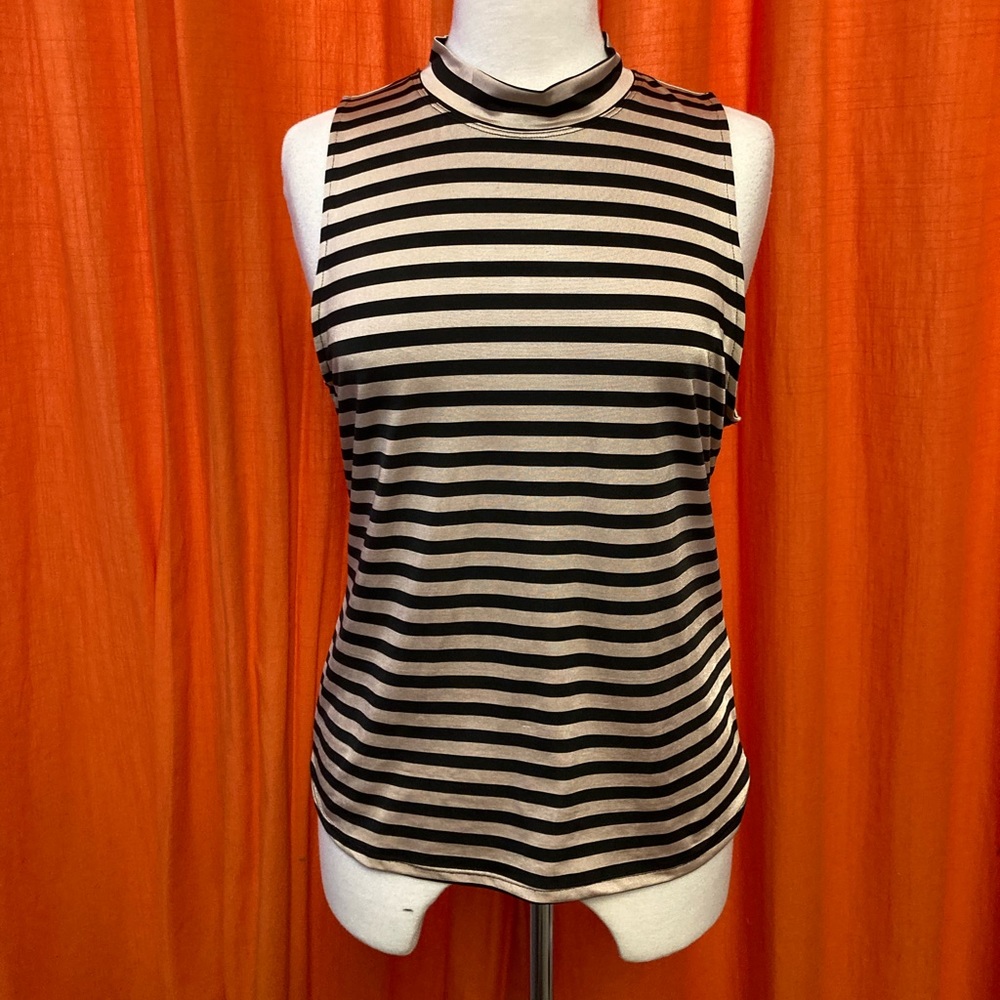 Avec Les Filles Tan and black striped mock neck top